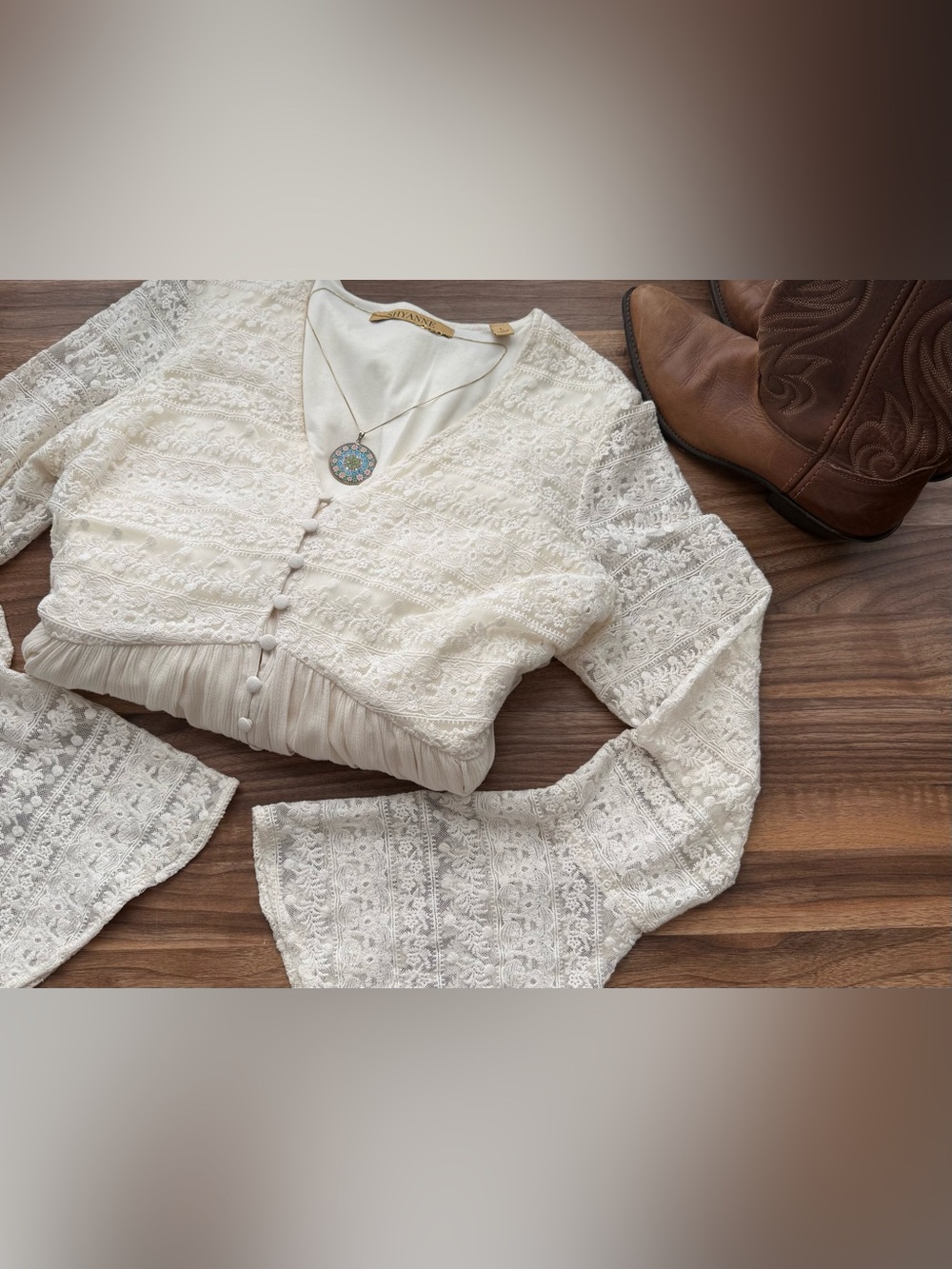 Cream Lace Bell Sleeve Dress